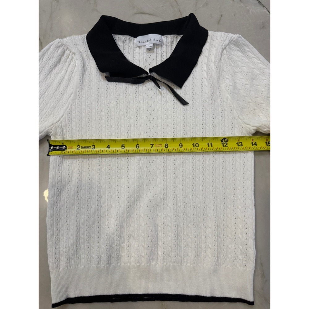 Pointelle White Cable Knit Puff Sleeve Sweater Black Collar Bow Sz Small Sm 170 - Picture 9 of 10
